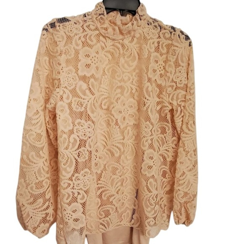 Laura Ashley Lace Top High Neck Long Sleeve Blouse‎ Elegant Semi-Sheer Beige